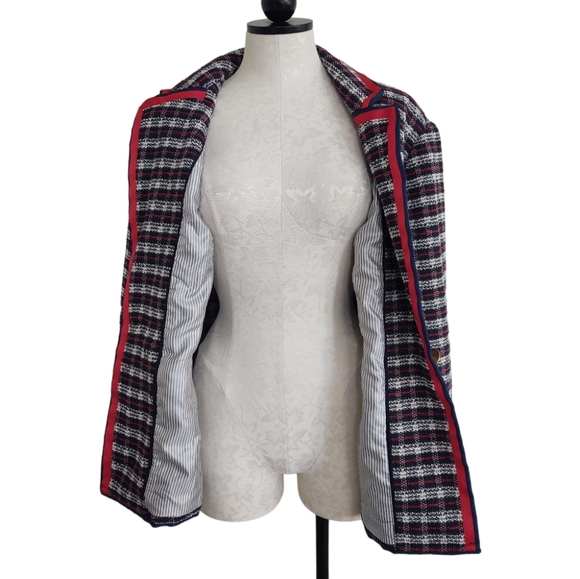 Court & Rowe Plaid Tweed Blazer Navy Blue Red Ribbon Trim Women's Size 18W - Picture 8 of 14